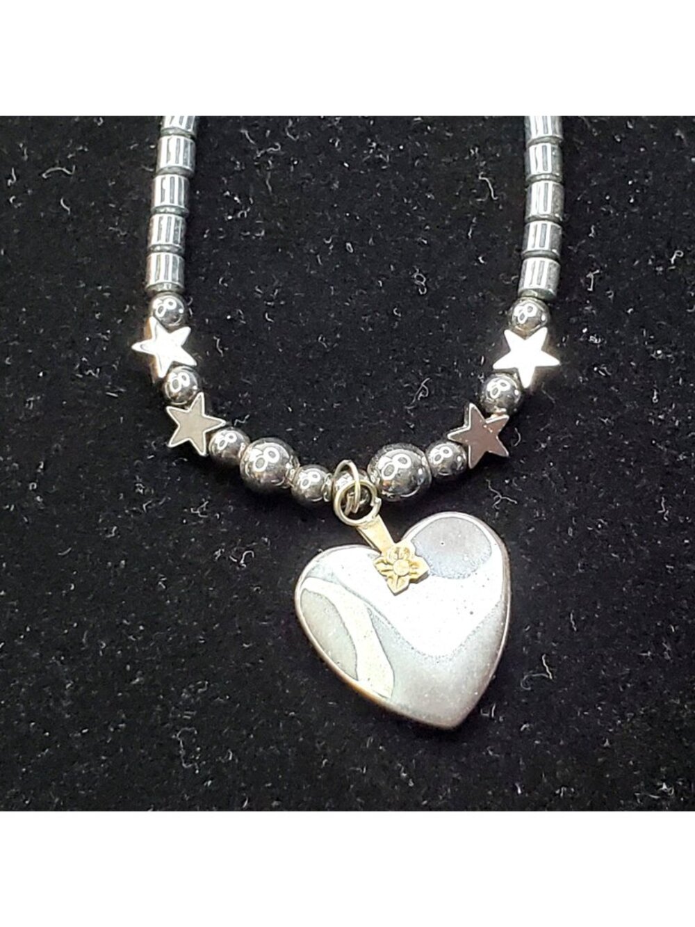 Silver Grey-Tone Hematite Beaded Bracelet With Heart Charm & Star Accents - Picture 5 of 6
